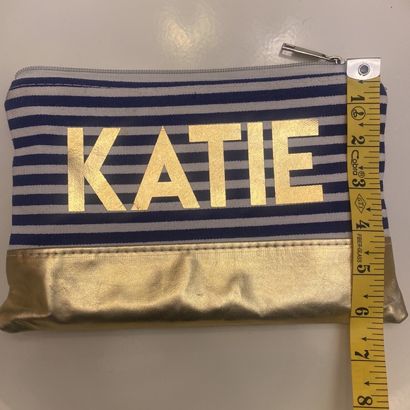 Katie Customized Cosmetic Bag Blue/White Stripe with Gold Accents GUC 9x6 - Picture 5 of 5